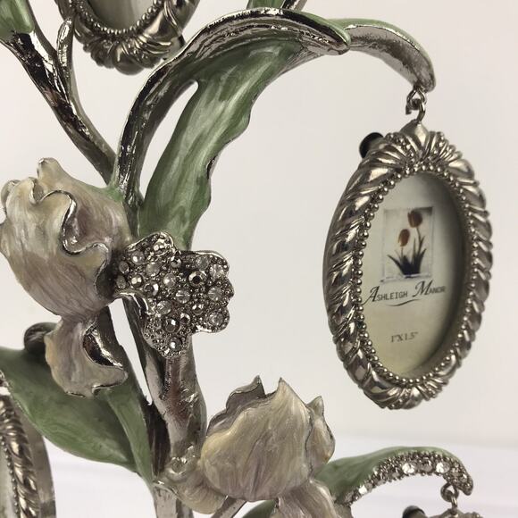 Ashleigh Manor 5 Frame Family Photo Tree Pewter Rhinestone Enamel Floral Flower - Picture 7 of 16